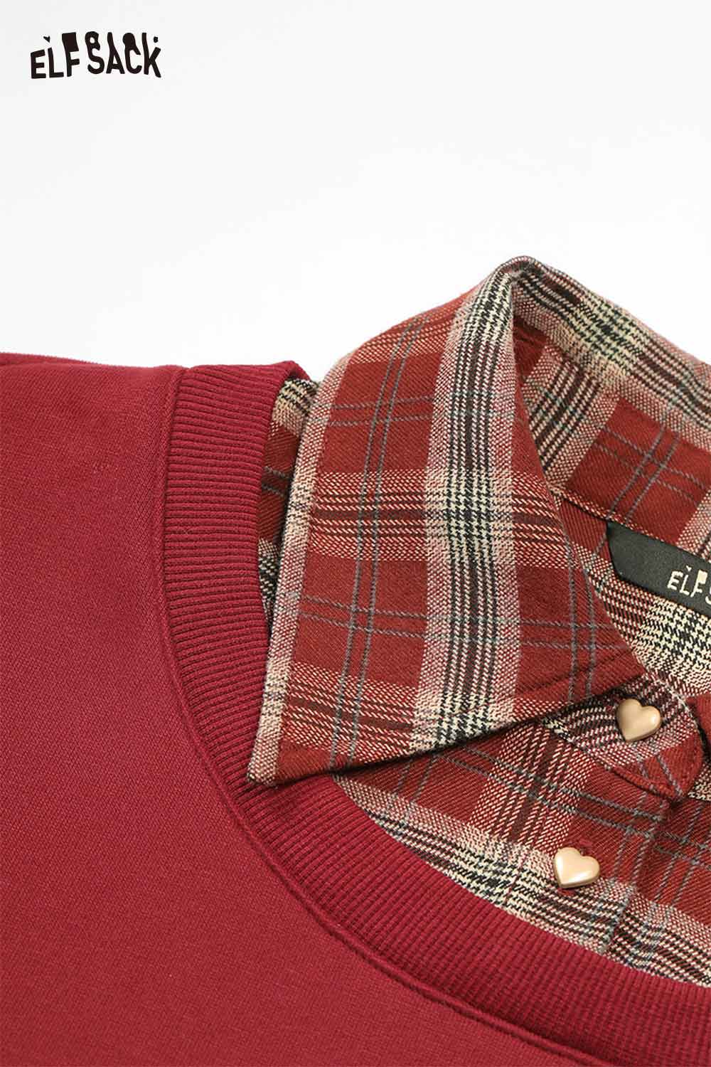 ELFSACK heart embroidery jumpsuit for women with a stylish checkered collar in burgundy