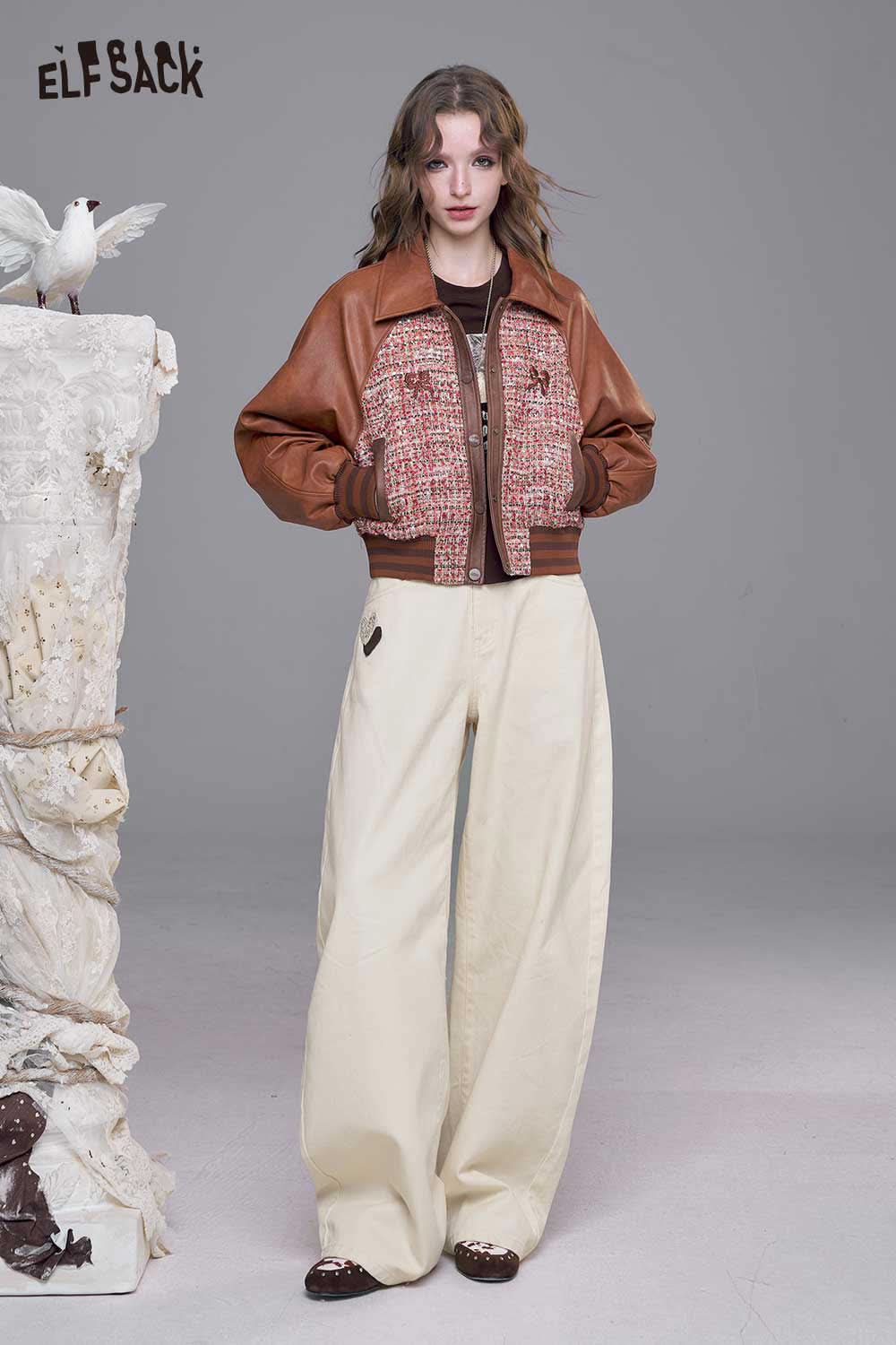 ELFSACK heart embroidery white wide leg jeans paired with a stylish brown bomber jacket