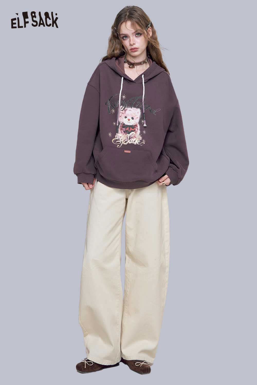 ELFSACK heart embroidery white wide leg jeans styled with a cozy hoodie for a trendy casual look