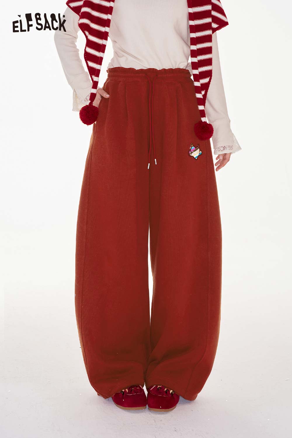 ELFSACK heart embroidery wide leg pants in red with a comfortable fit and whimsical design
