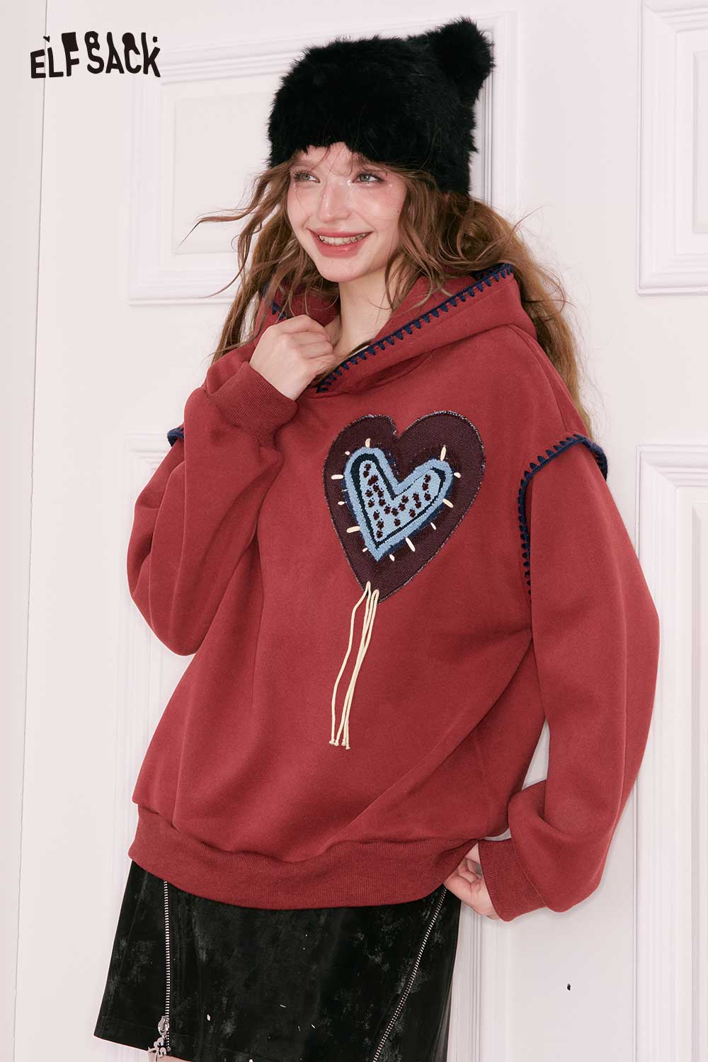 ELFSACK heart graphic collared sweatshirt in burgundy with unique heart design and cozy fit