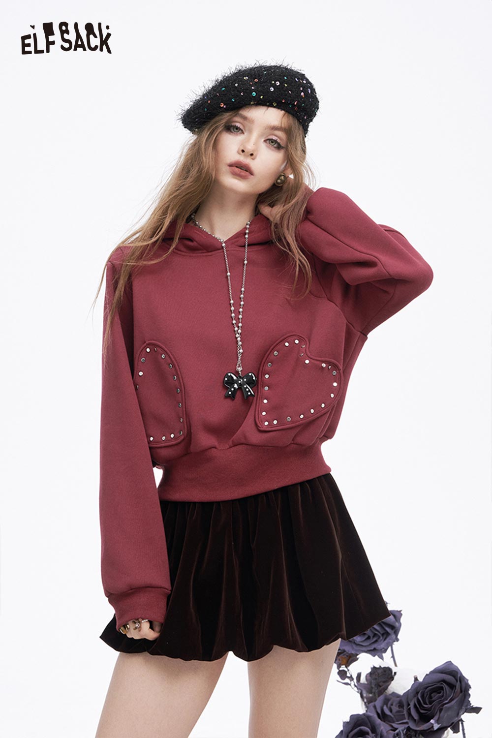 ELFSACK heart patchwork hooded sweatshirt in burgundy with embellished heart pockets for a stylish look