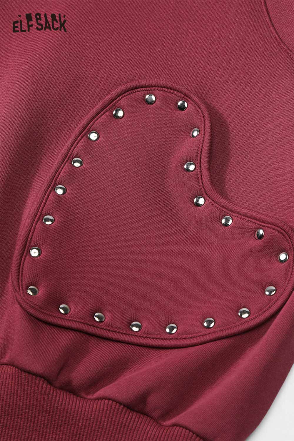 ELFSACK heart patchwork hooded sweatshirt featuring a heart design with silver studs