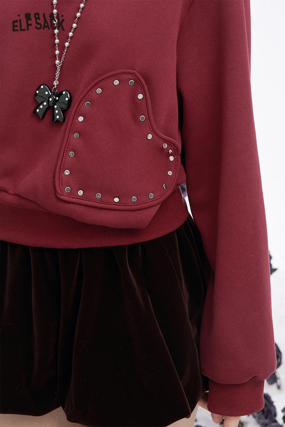 ELFSACK heart patchwork hooded sweatshirt in burgundy with embellished heart detail and relaxed fit