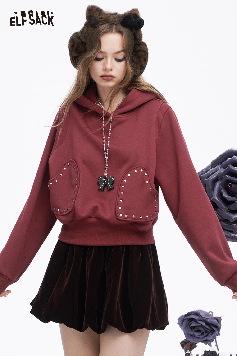 ELFSACK heart patchwork hooded sweatshirt in burgundy with studded pockets for a stylish look