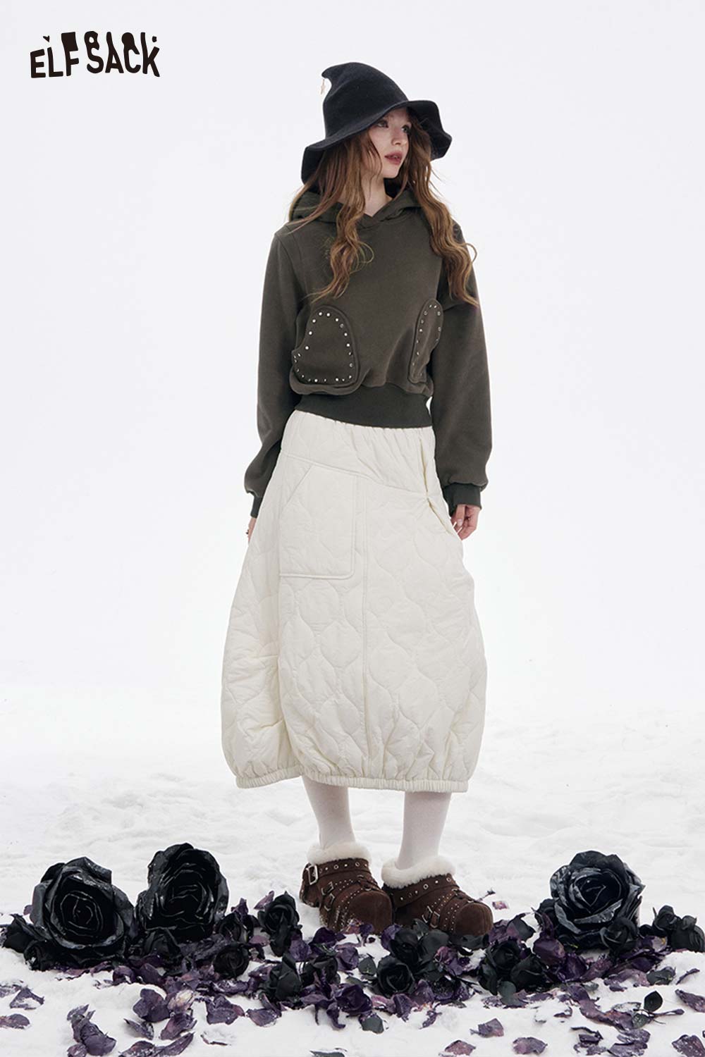 ELFSACK heart patchwork hooded sweatshirt in olive green paired with a quilted skirt for a stylish look
