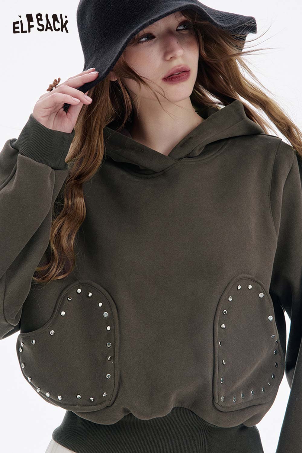 ELFSACK heart patchwork hooded sweatshirt in olive green with studded heart details