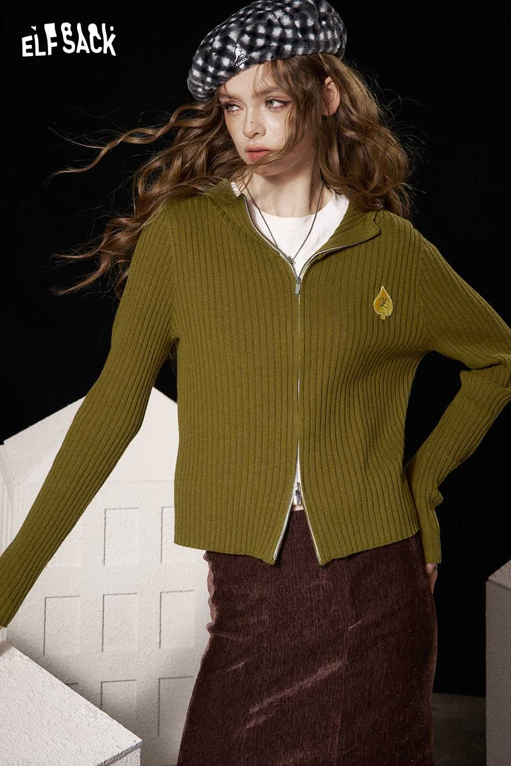 ELFSACK heart print knit sweater in olive green with a stylish zip closure for a trendy look