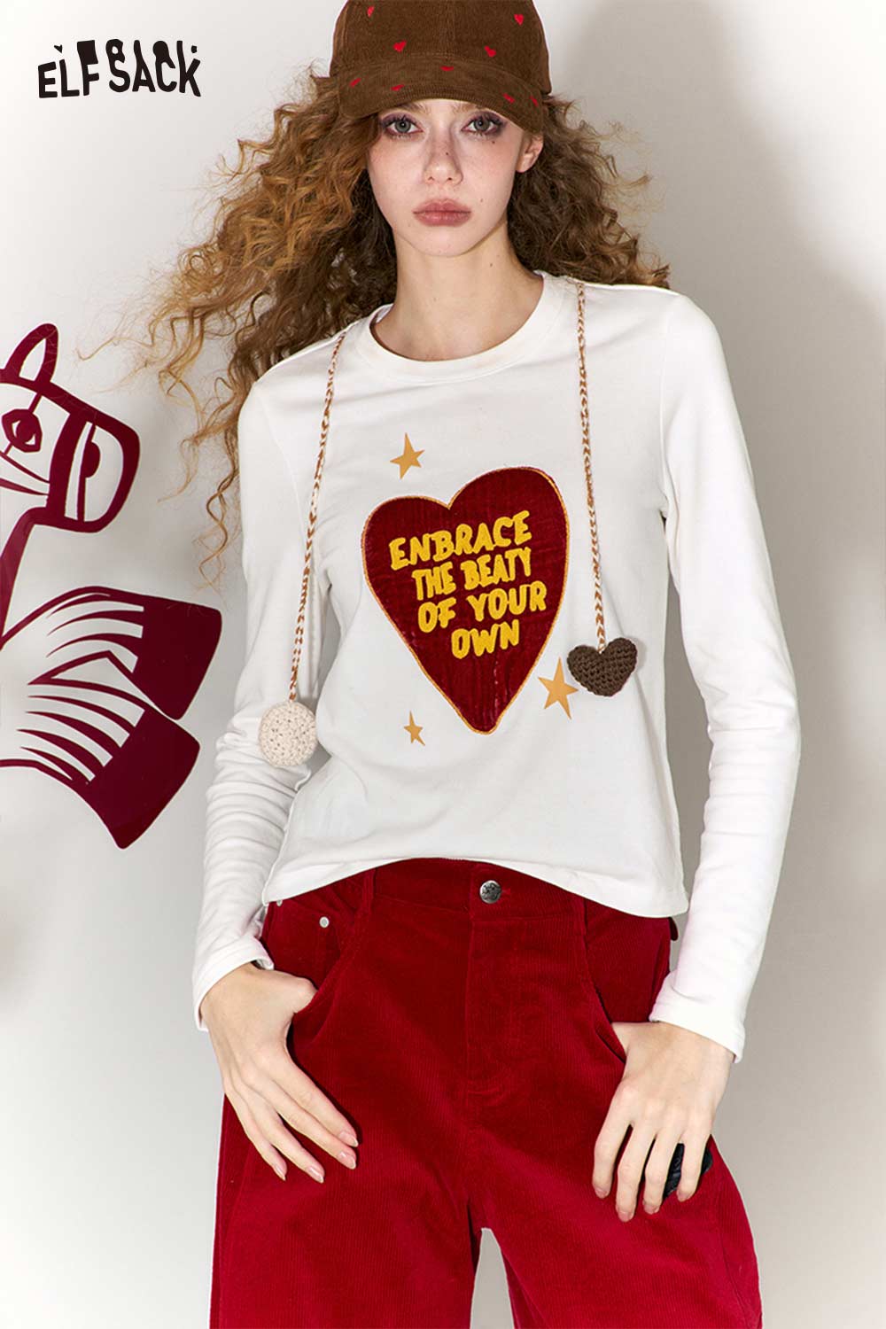 ELFSACK heart print long sleeve t-shirt in white with a bold red heart graphic and stylish design