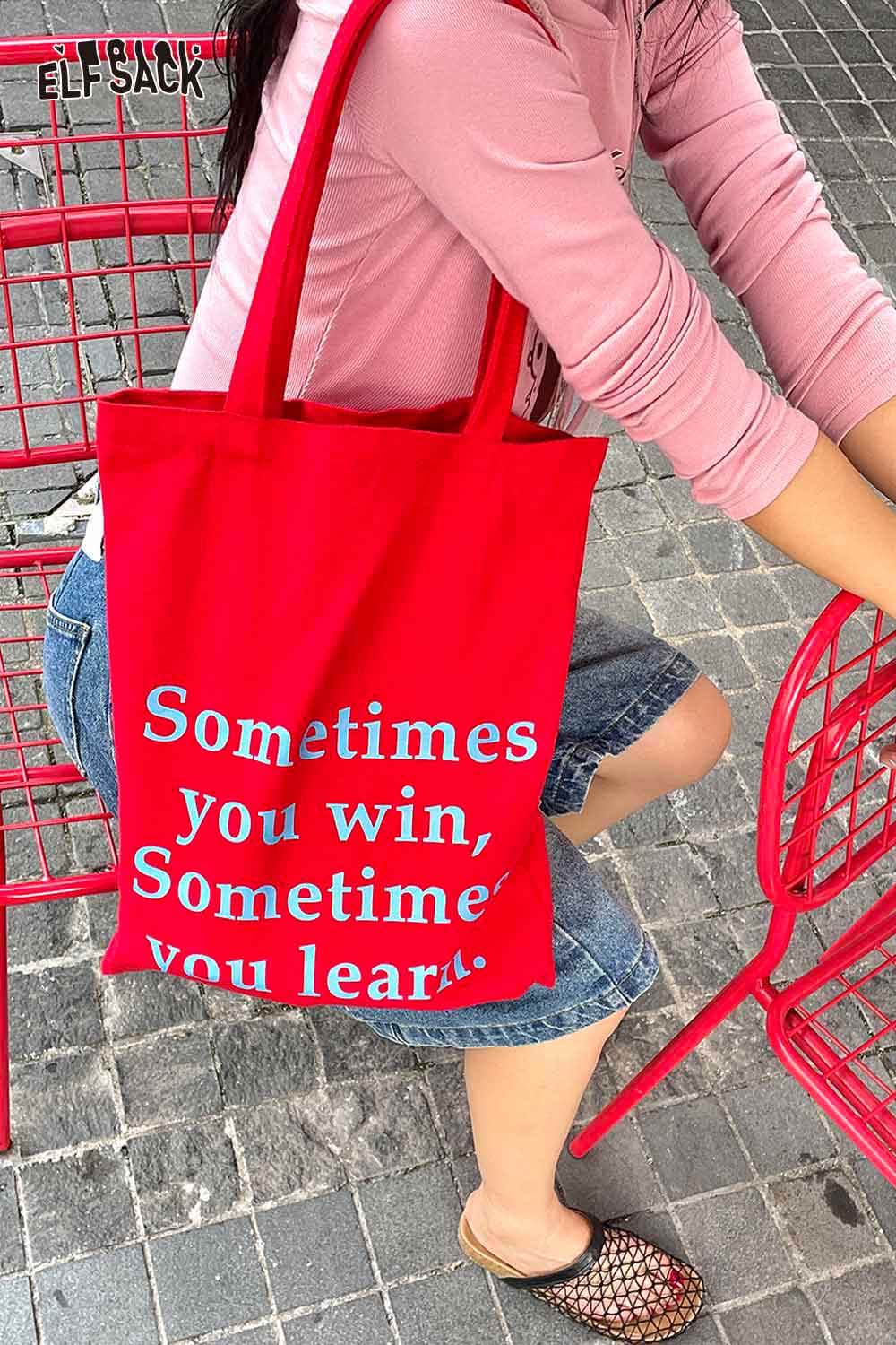ELFSACK heavy duty canvas tote bag in red with motivational quote for everyday use