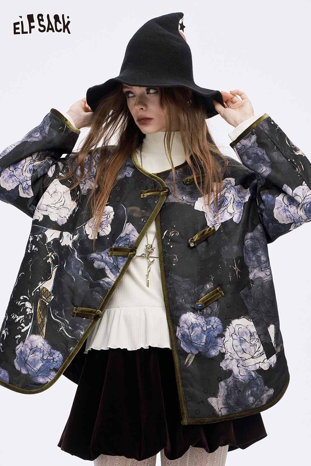 ELFSACK high neck flounce hem t-shirt layered under a floral cape jacket for a stylish look