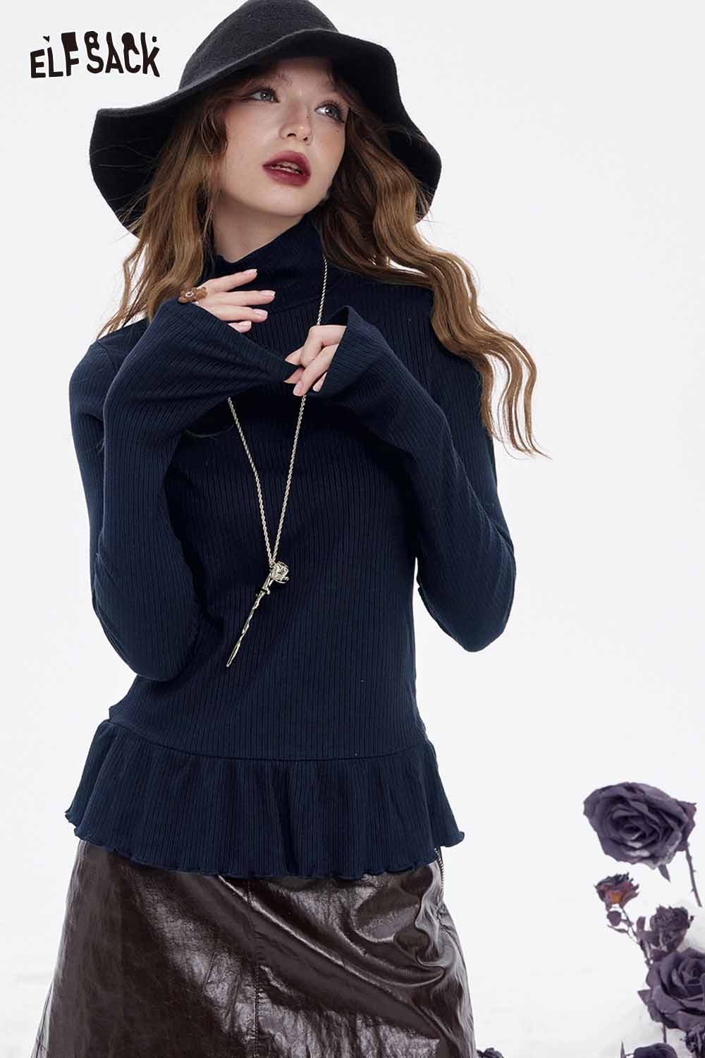 ELFSACK high neck flounce hem tshirt in navy blue with a stylish design and long sleeves