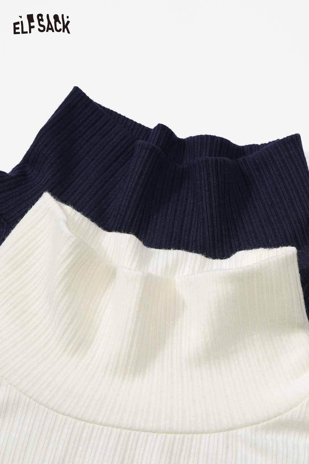 ELFSACK high neck flounce hem tshirt in navy and white ribbed fabric for trendy layering
