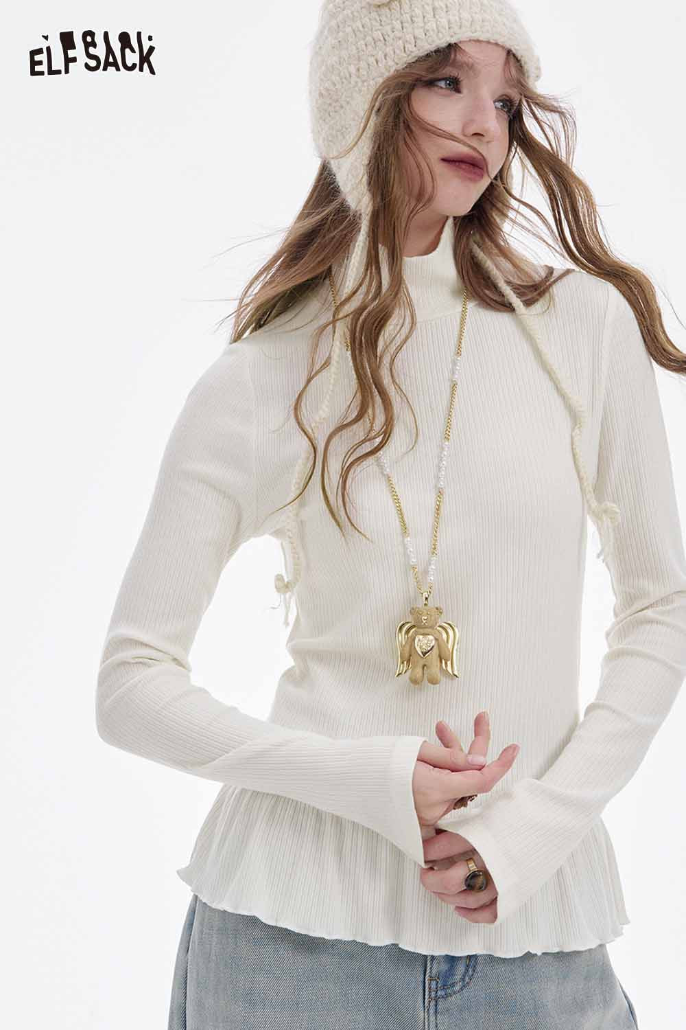 ELFSACK high neck flounce hem tshirt in cream with stylish ruffle details and a flattering fit