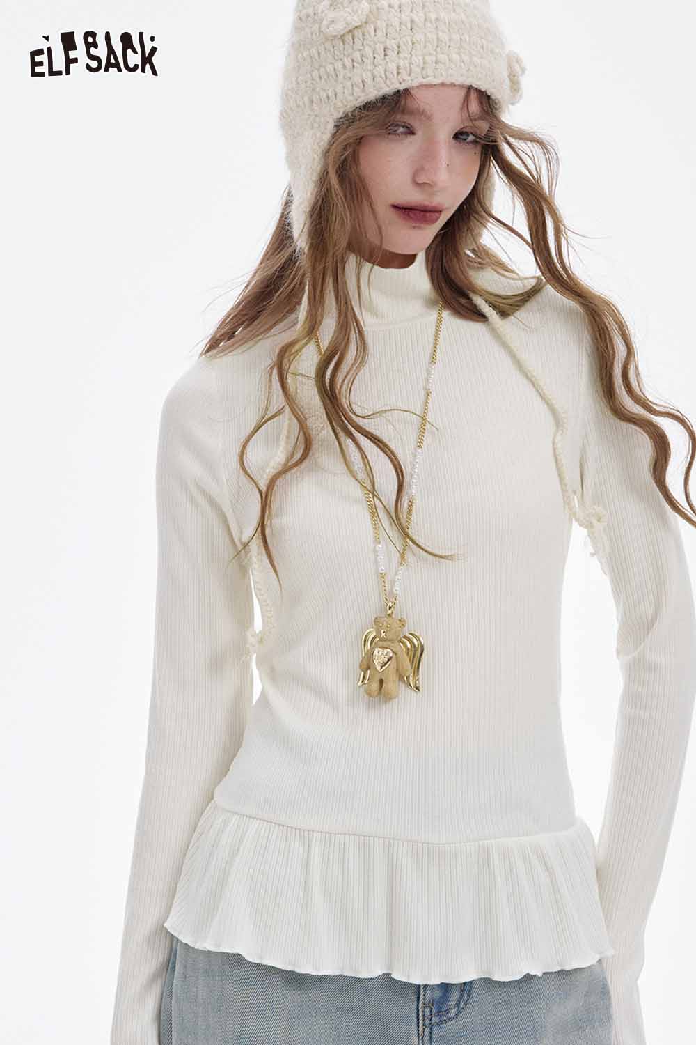 ELFSACK high neck flounce hem tshirt in white with ribbed texture and stylish peplum detail