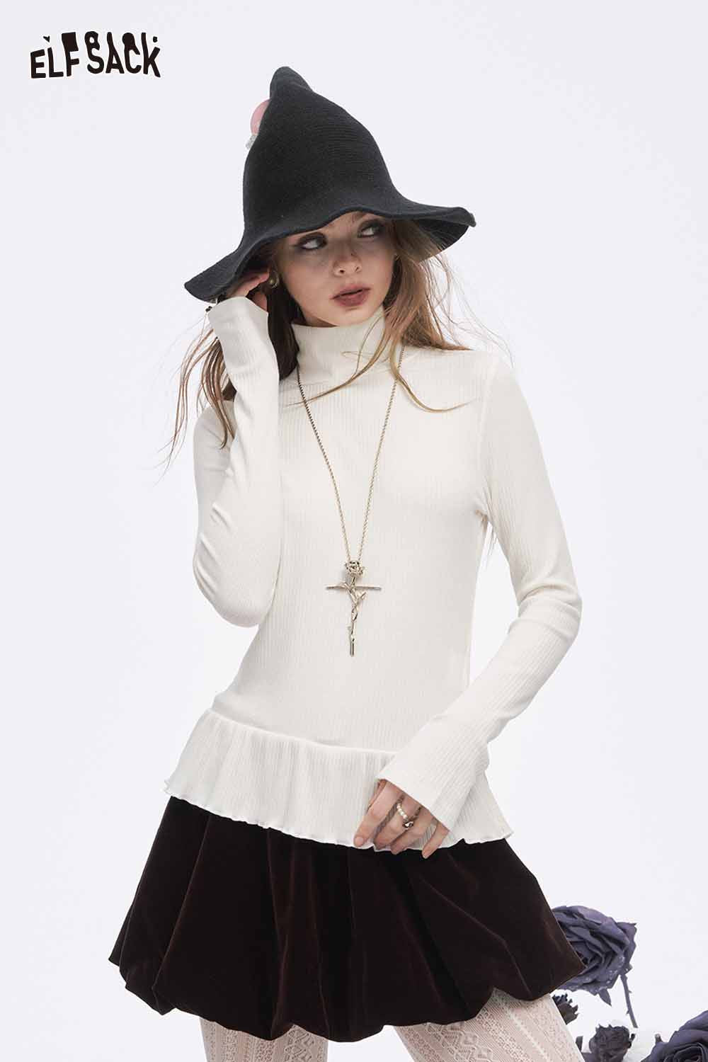 ELFSACK high neck flounce hem t-shirt in white, styled with a black hat and a velvet skirt