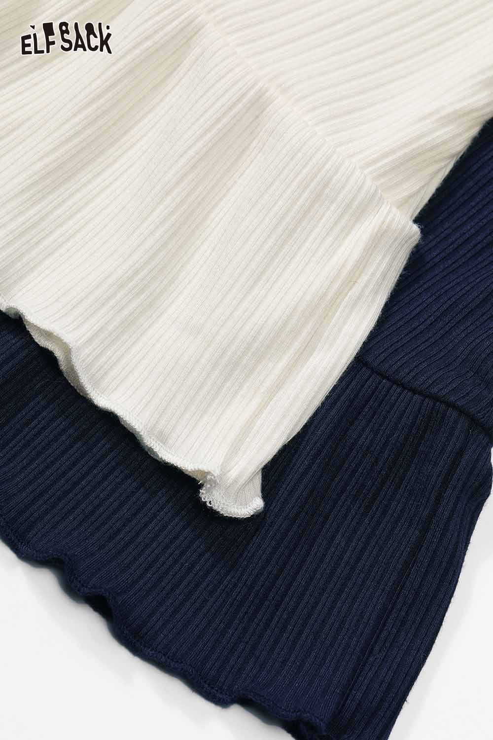 ELFSACK high neck flounce hem tshirt featuring a stylish ribbed texture in cream and navy colors