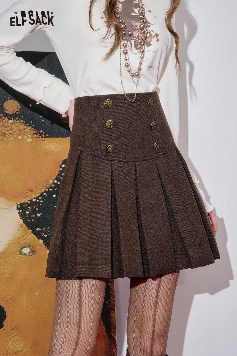ELFSACK high-rise button front pleated skirt in brown with stylish pleats and button details