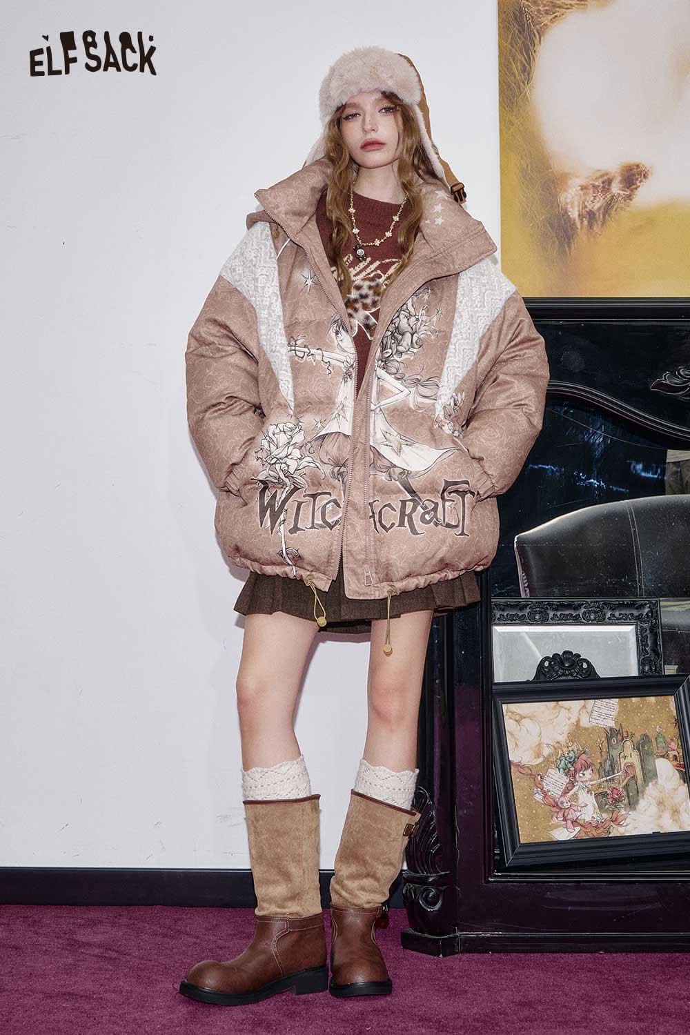 ELFSACK high-rise button front pleated skirt paired with a stylish oversized jacket and cozy accessories