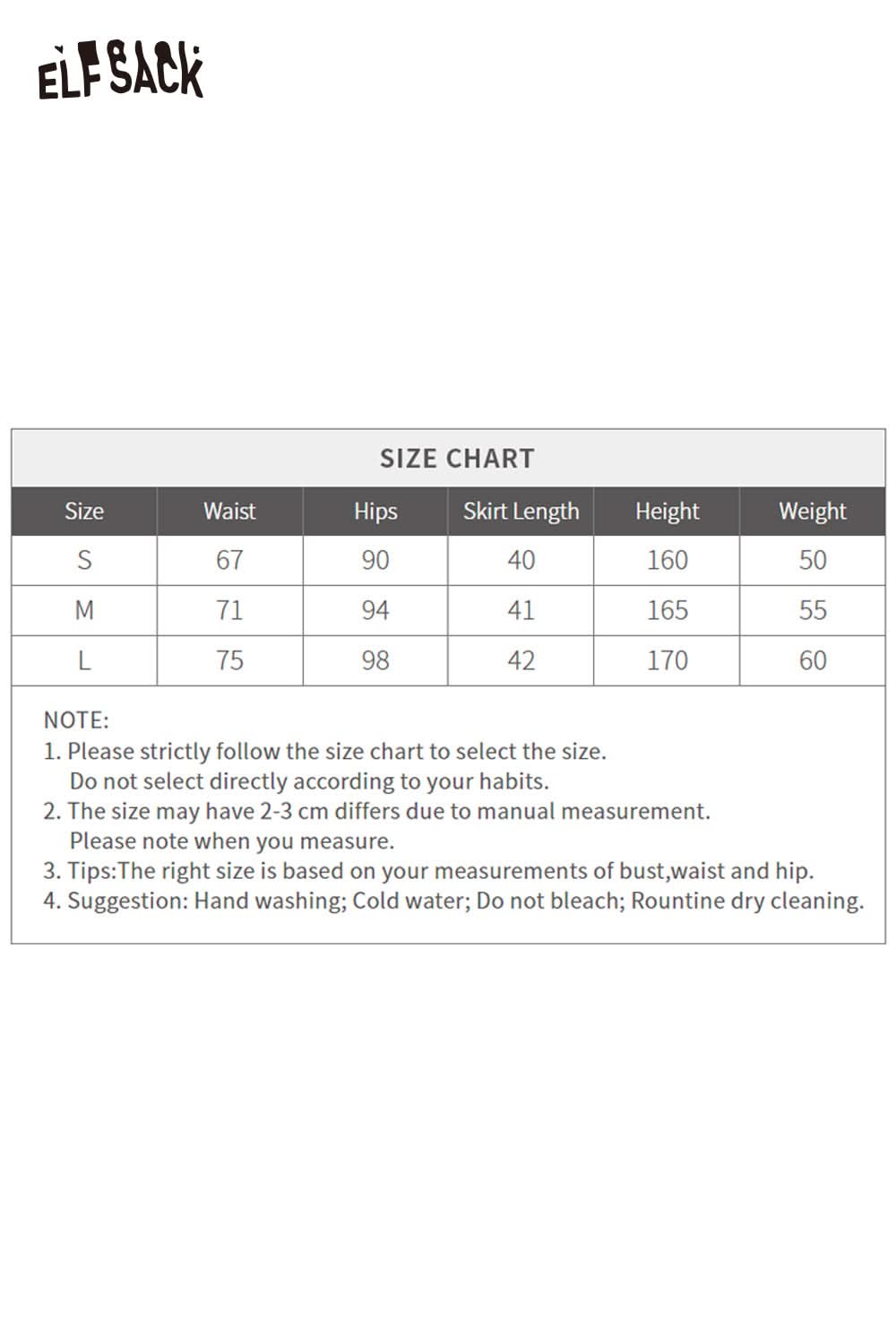 ELFSACK high-rise button front pleated skirt size chart for proper fitting guidance