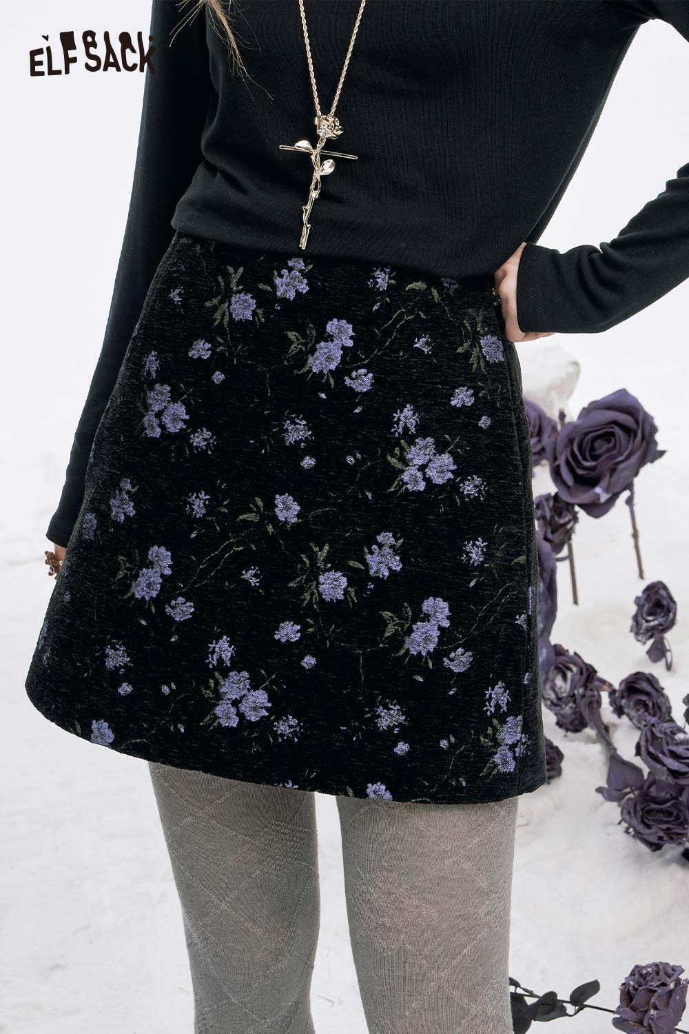 ELFSACK high waist floral A line skirt in black with purple floral pattern for chic styling
