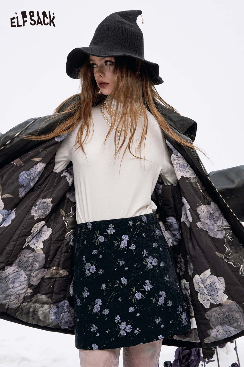 ELFSACK high waist floral A line skirt in dark floral pattern, perfect for stylish layering