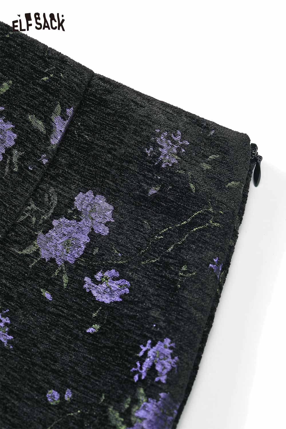 ELFSACK high waist floral A line skirt featuring a textured fabric with purple floral patterns