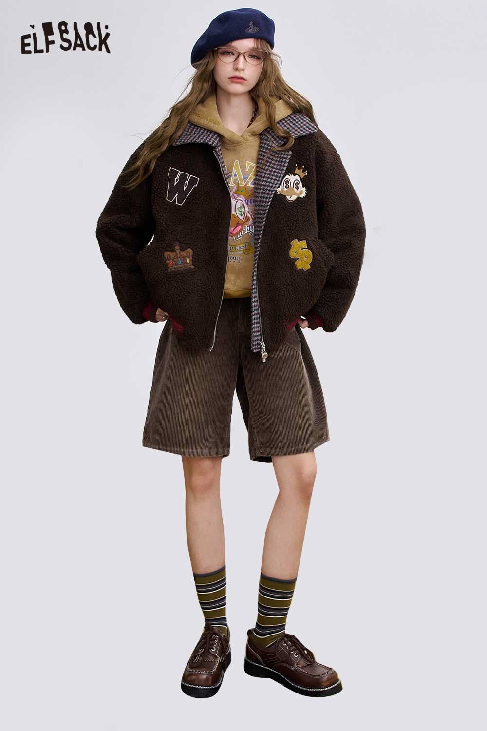 ELFSACK high waist mid shorts for women styled with a cozy jacket and accessories