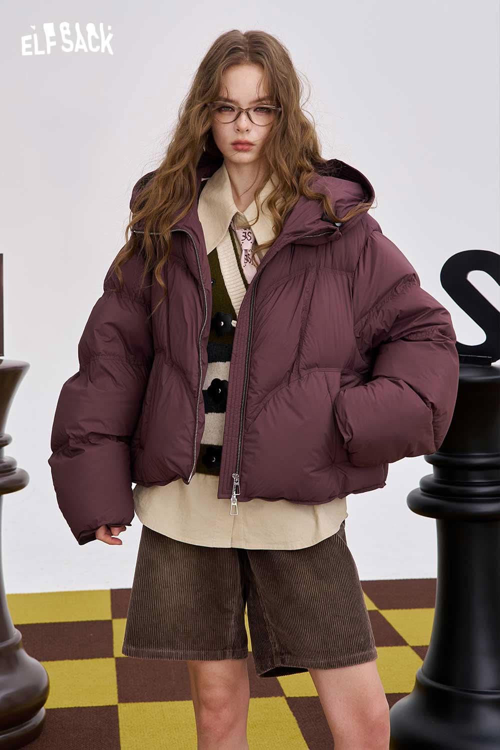 ELFSACK High Waist Mid Shorts for Women paired with a stylish puffer jacket and oversized glasses