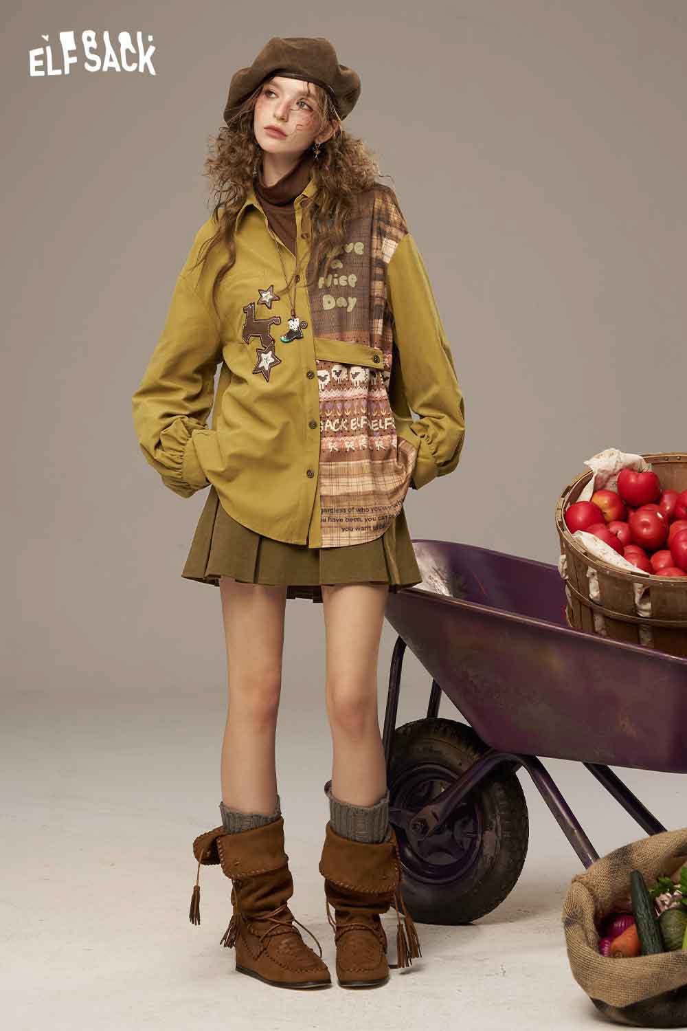 ELFSACK high waist pleated skirt styled with a colorful oversized shirt and accessories