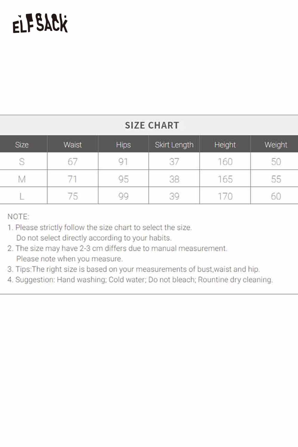 Size chart for ELFSACK high waist pleated skirt with measurements for waist, hips, and length