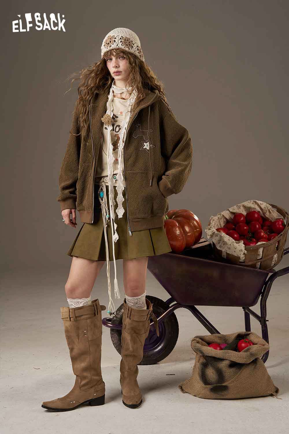 ELFSACK high waist pleated skirt styled with a cozy jacket and knee-high boots for a trendy look
