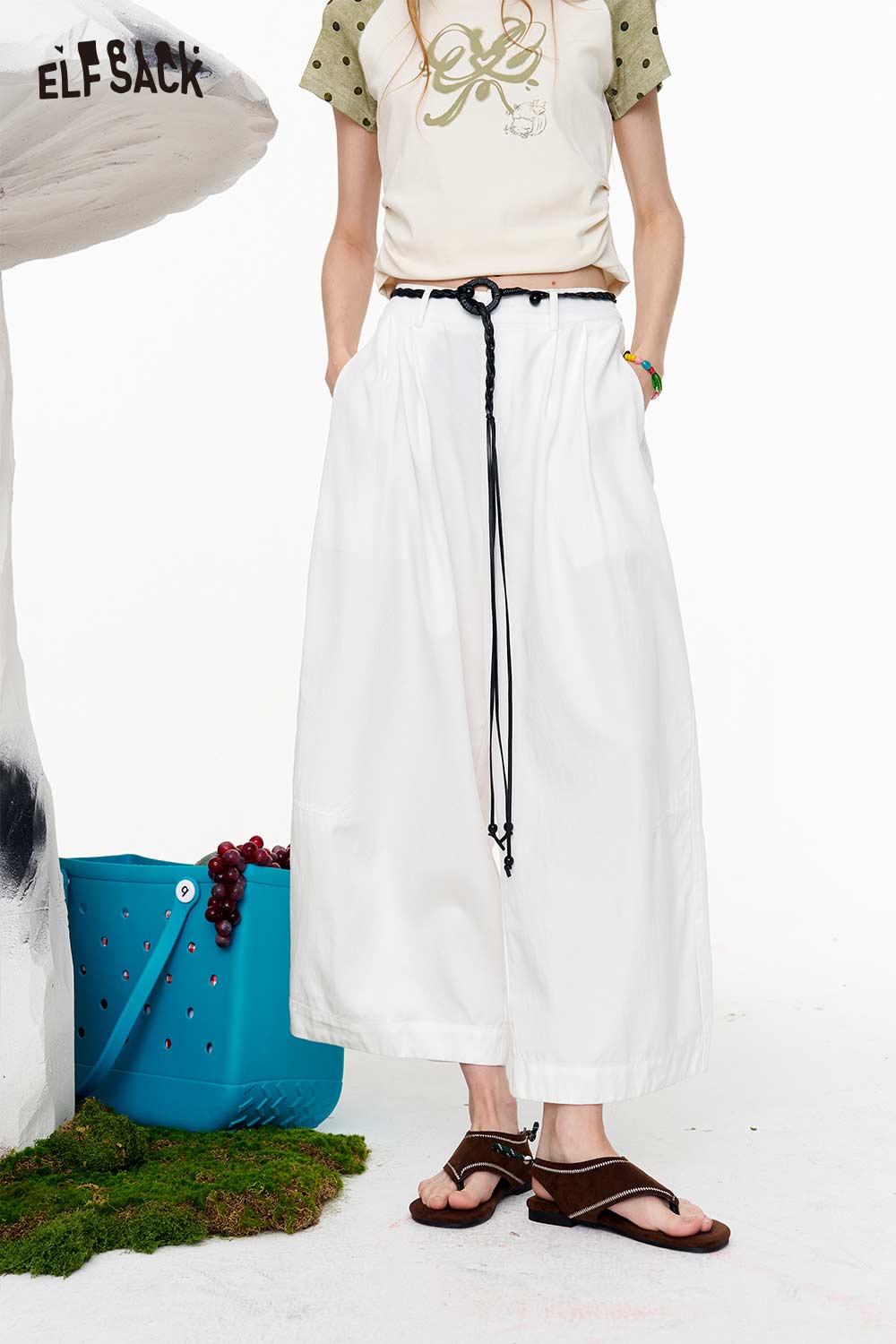 ELFSACK High Waist Wide Leg White Drawstring Pants