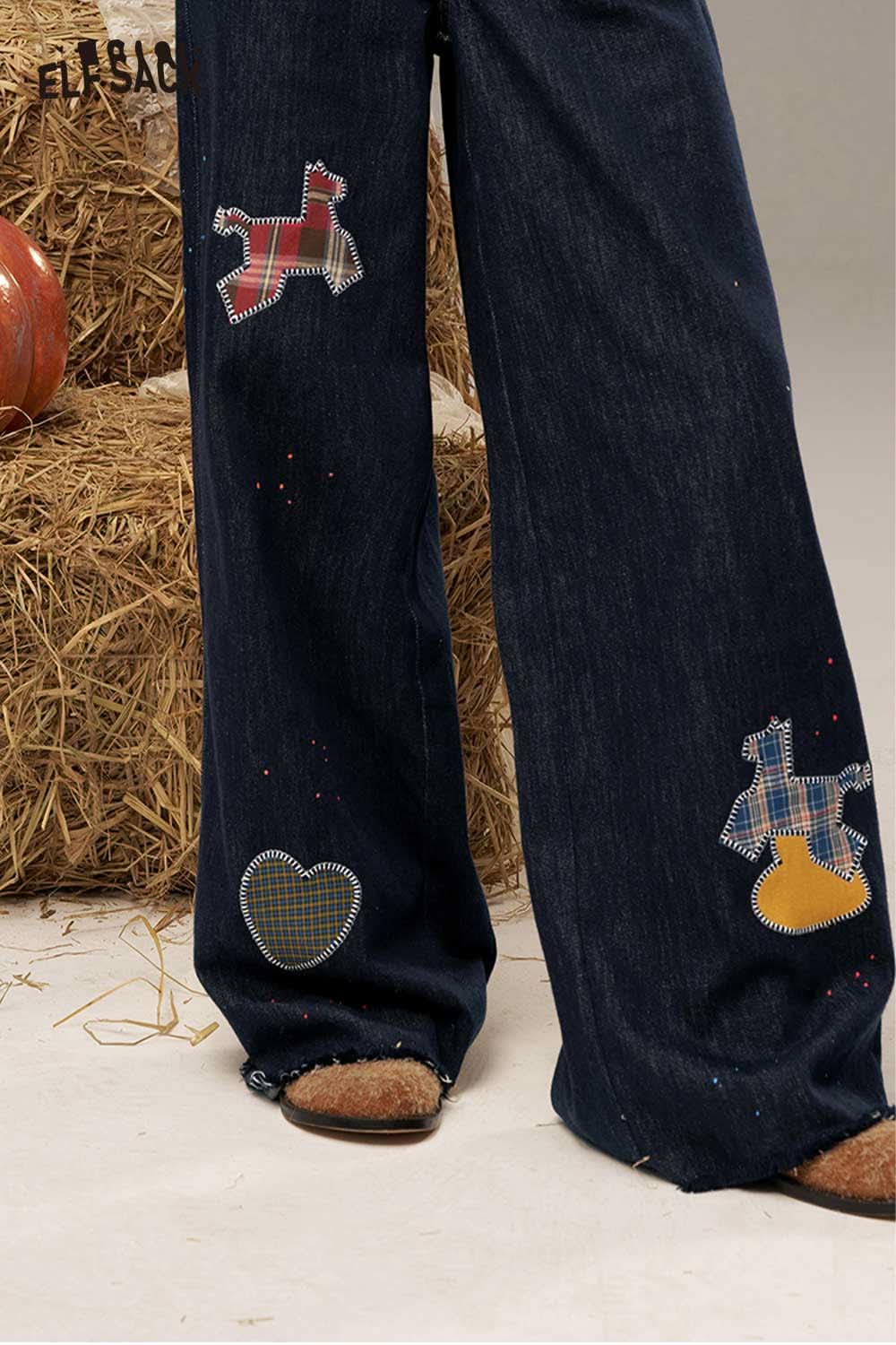 ELFSACK high waisted wide leg denim pants with colorful patches and a relaxed fit for casual wear