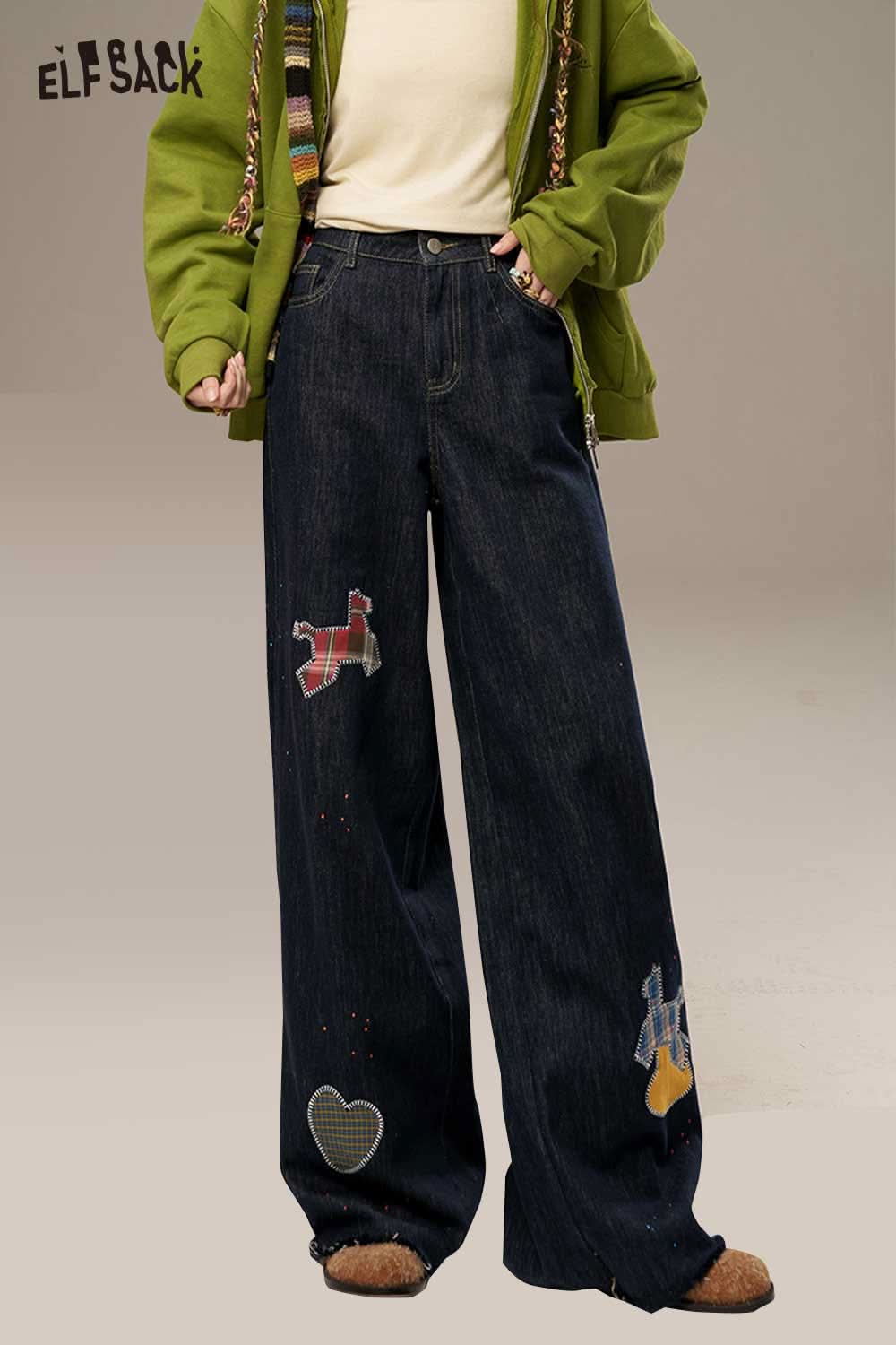 ELFSACK high waisted wide leg denim pants with colorful patchwork and a relaxed fit for casual style