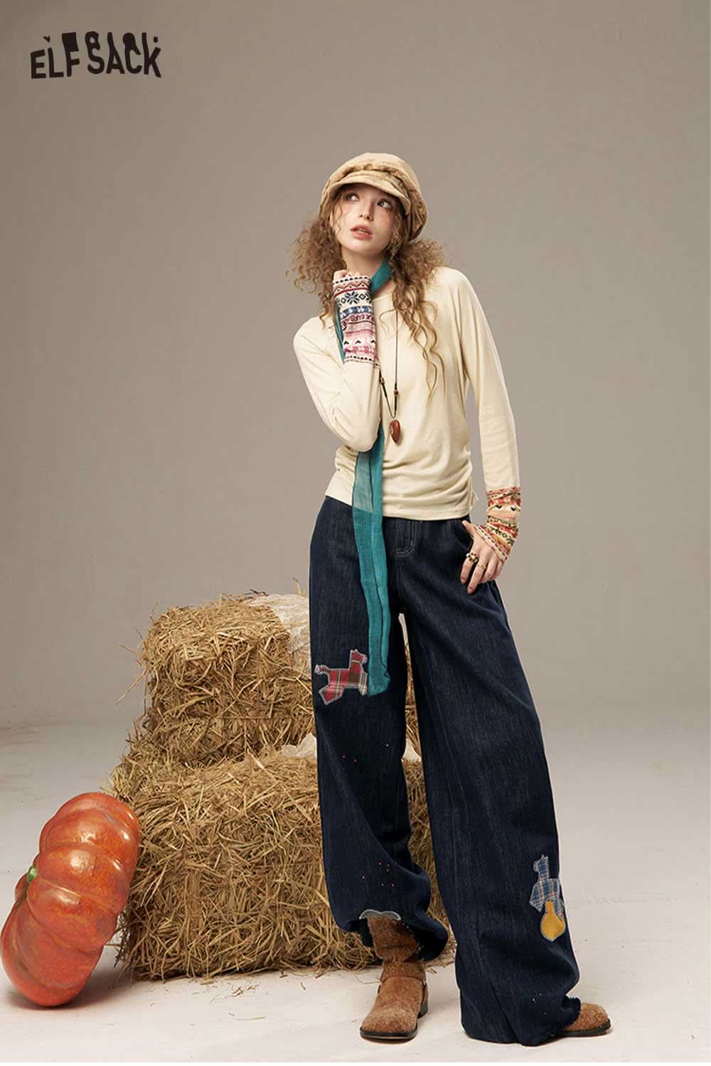 ELFSACK high waisted wide leg denim pants styled with a casual top and accessories for a relaxed look