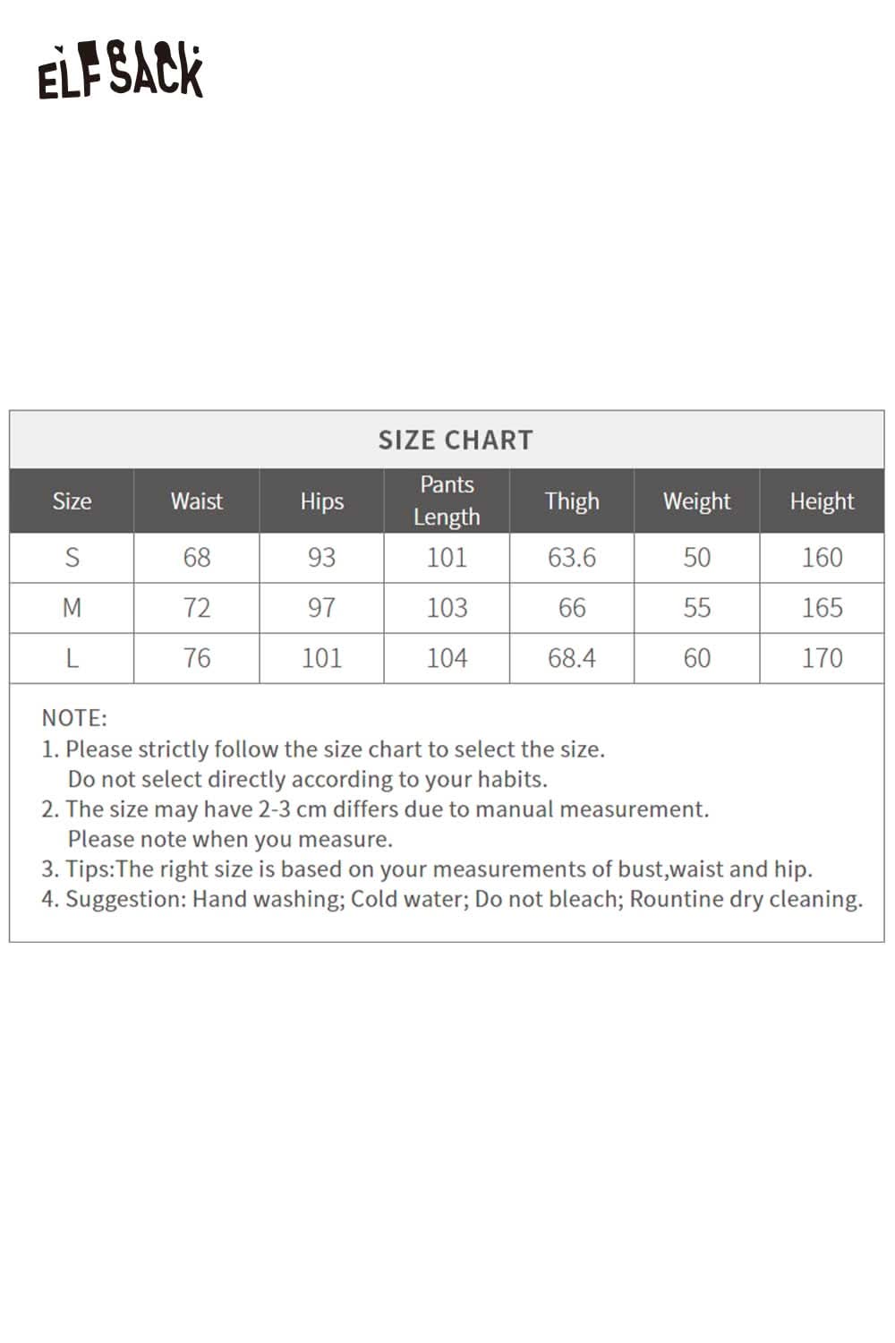 ELFSACK high waisted wide leg denim pants size chart with detailed measurements for S, M, L sizes