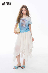ELFSACK Irregular Ruffle Hem Striped A Line Skirt