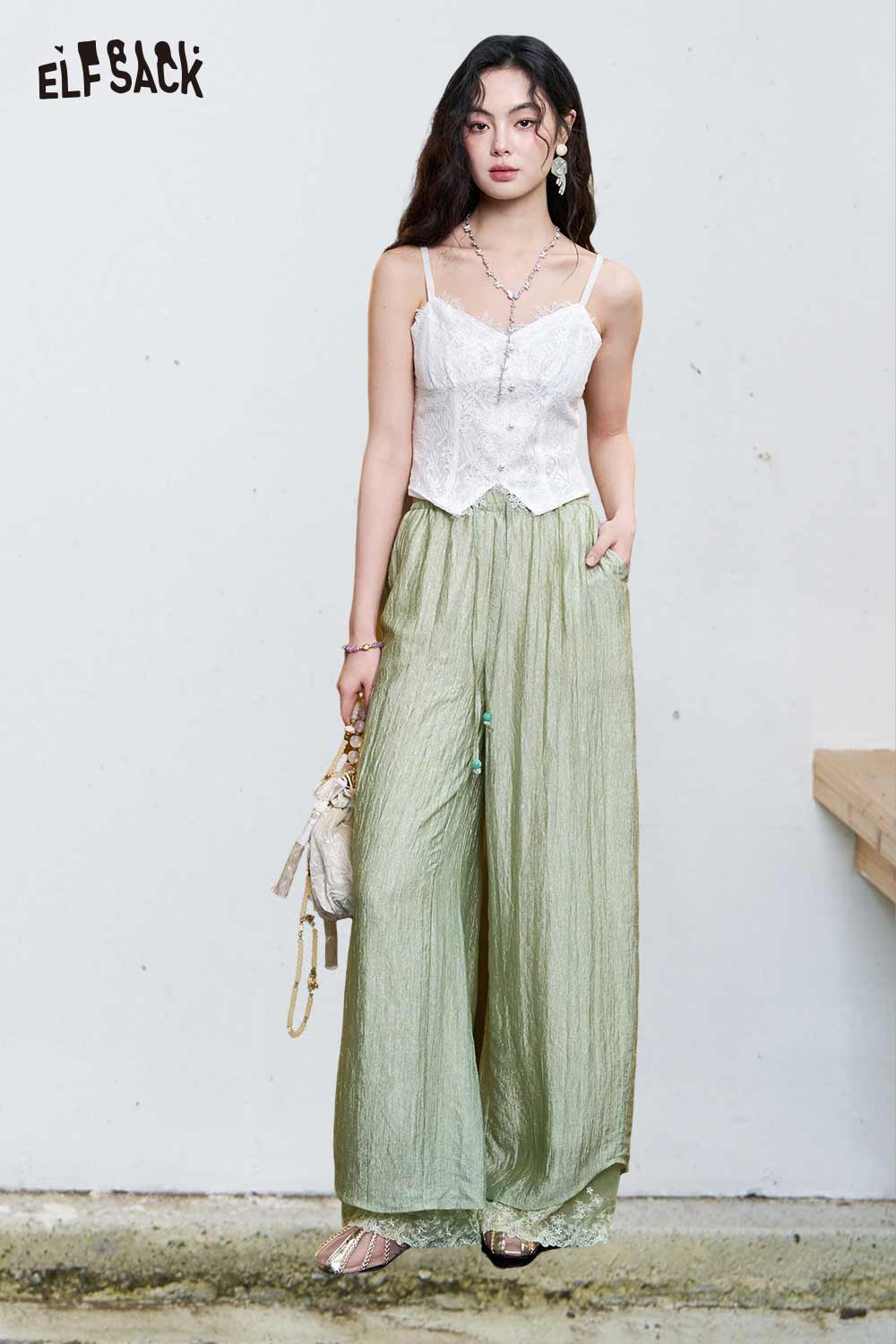 ELFSACK Jacquard Lace Trim Wide Leg Pants