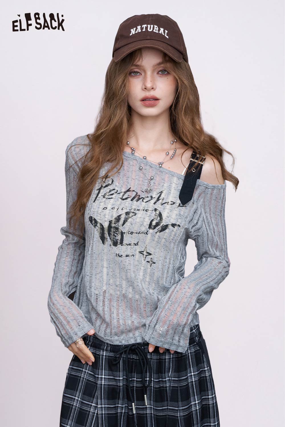 ELFSACK grey ribbed semi sheer top with strap detail and print styled with plaid skirt off shoulder knitwear for women