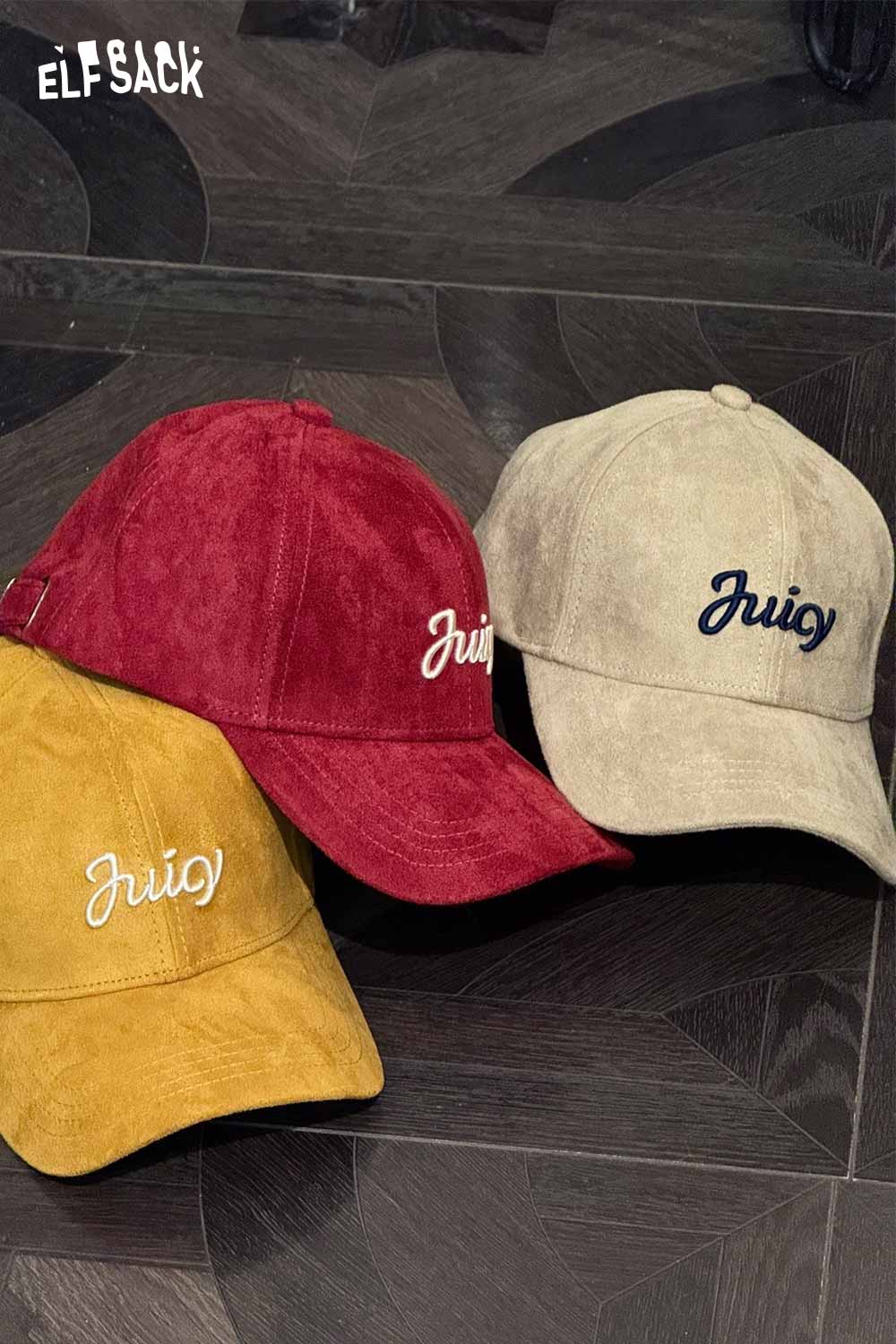 Set of three ELFSACK suede baseball caps in yellow, red, and beige with stylish embroidery