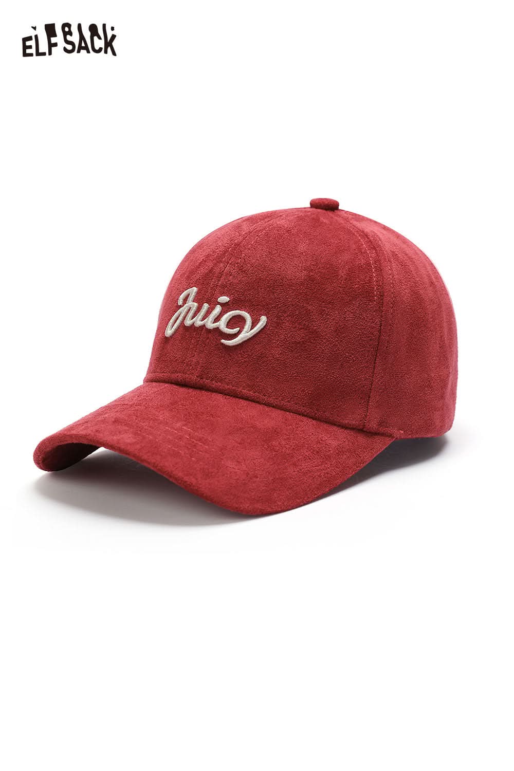 ELFSACK Suede baseball cap in burgundy with embroidered juicy text for casual wear