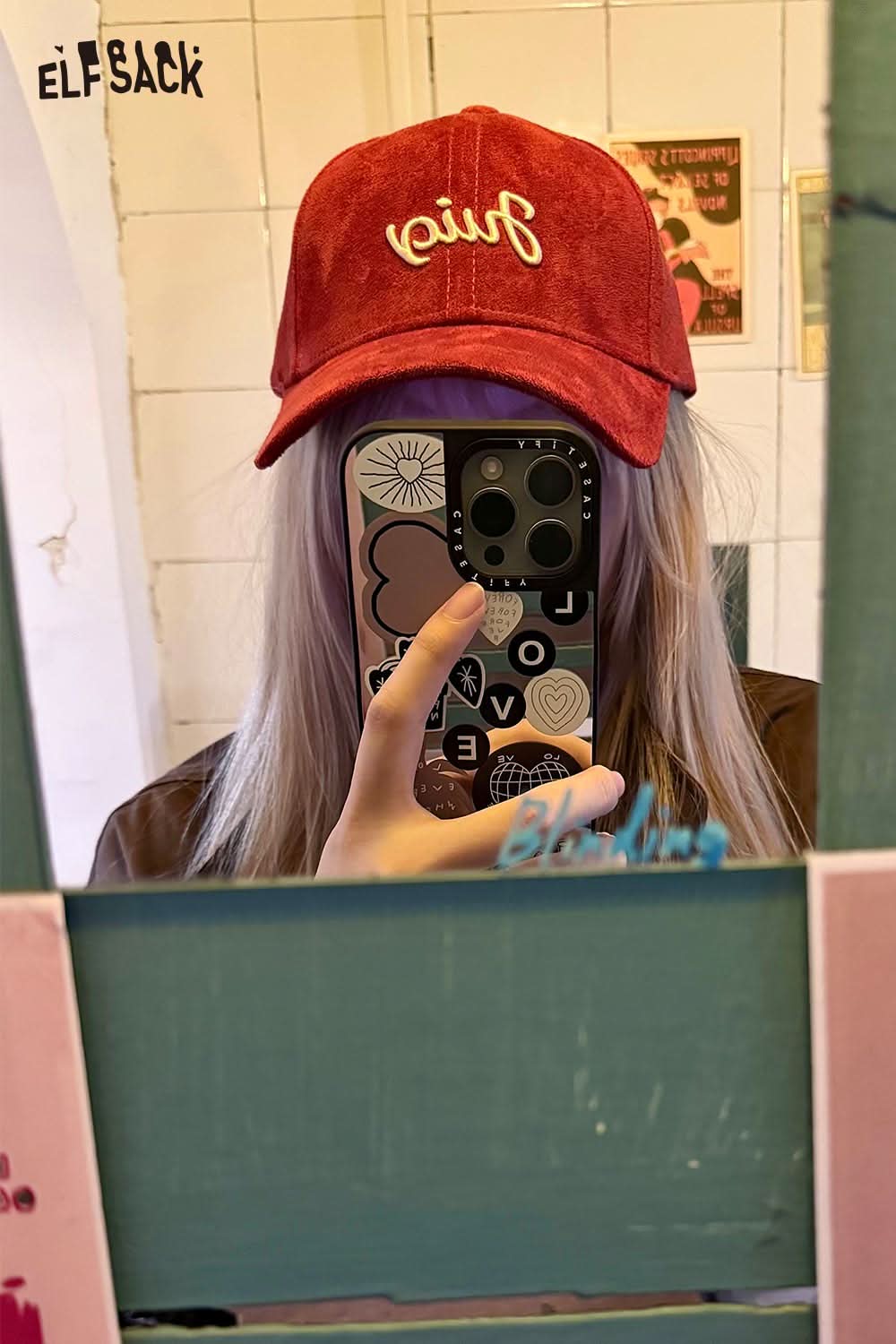 ELFSACK Red Suede Baseball Cap with Stylish Embroidery for Casual Looks