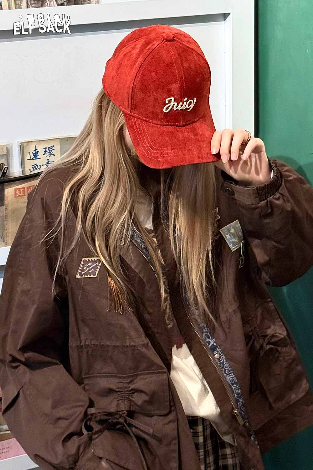 ELFSACK Red Suede Baseball Cap with Embroidered Design for Stylish Casual Wear