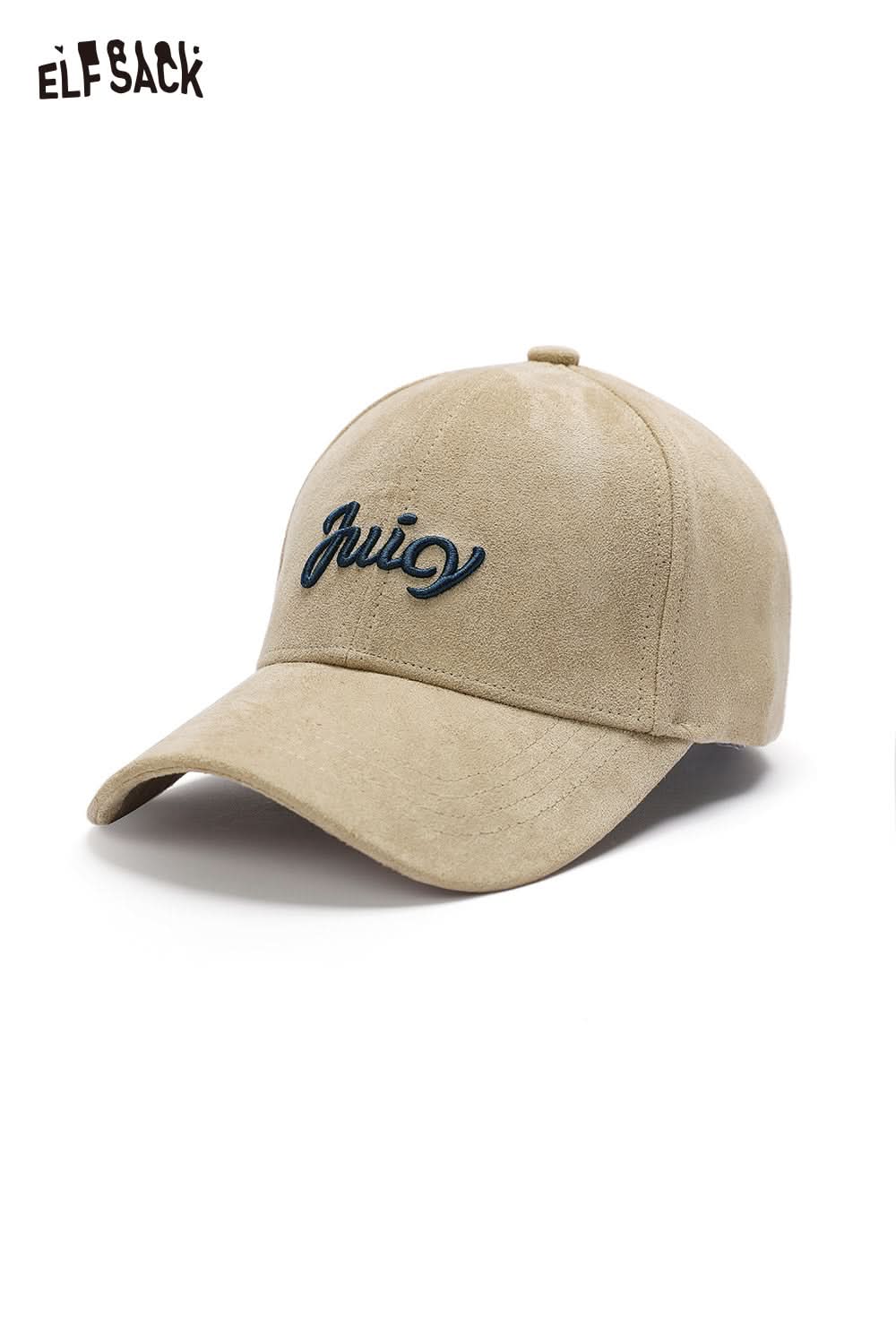 ELFSACK suede baseball cap in beige with embroidered 'Juicy' logo for stylish casual wear