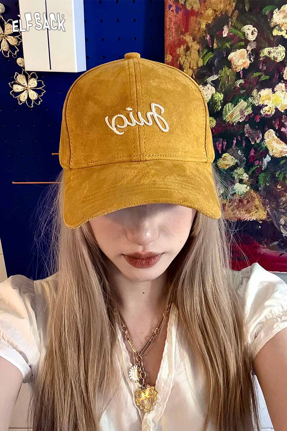 ELFSACK suede baseball cap in yellow with stylish embroidered design for casual wear