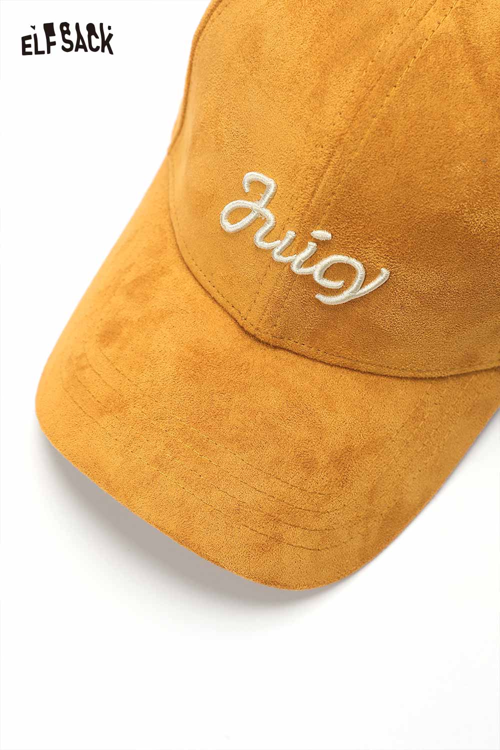 ELFSACK Suede Baseball Cap in Mustard Yellow with Embroidered Juicy Design for Stylish Casual Wear