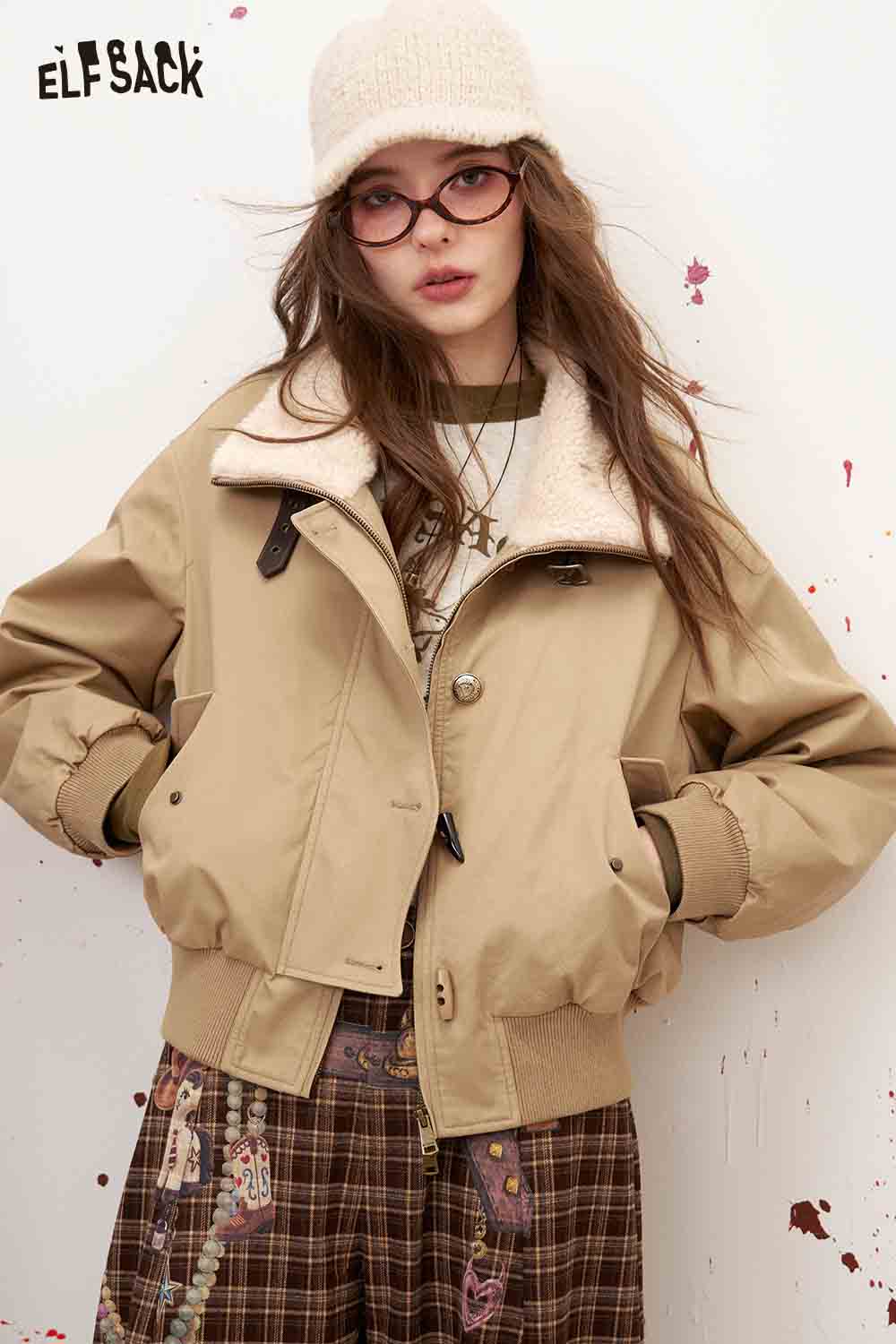 Khaki Sherpa Collar Padded Bomber Jacket