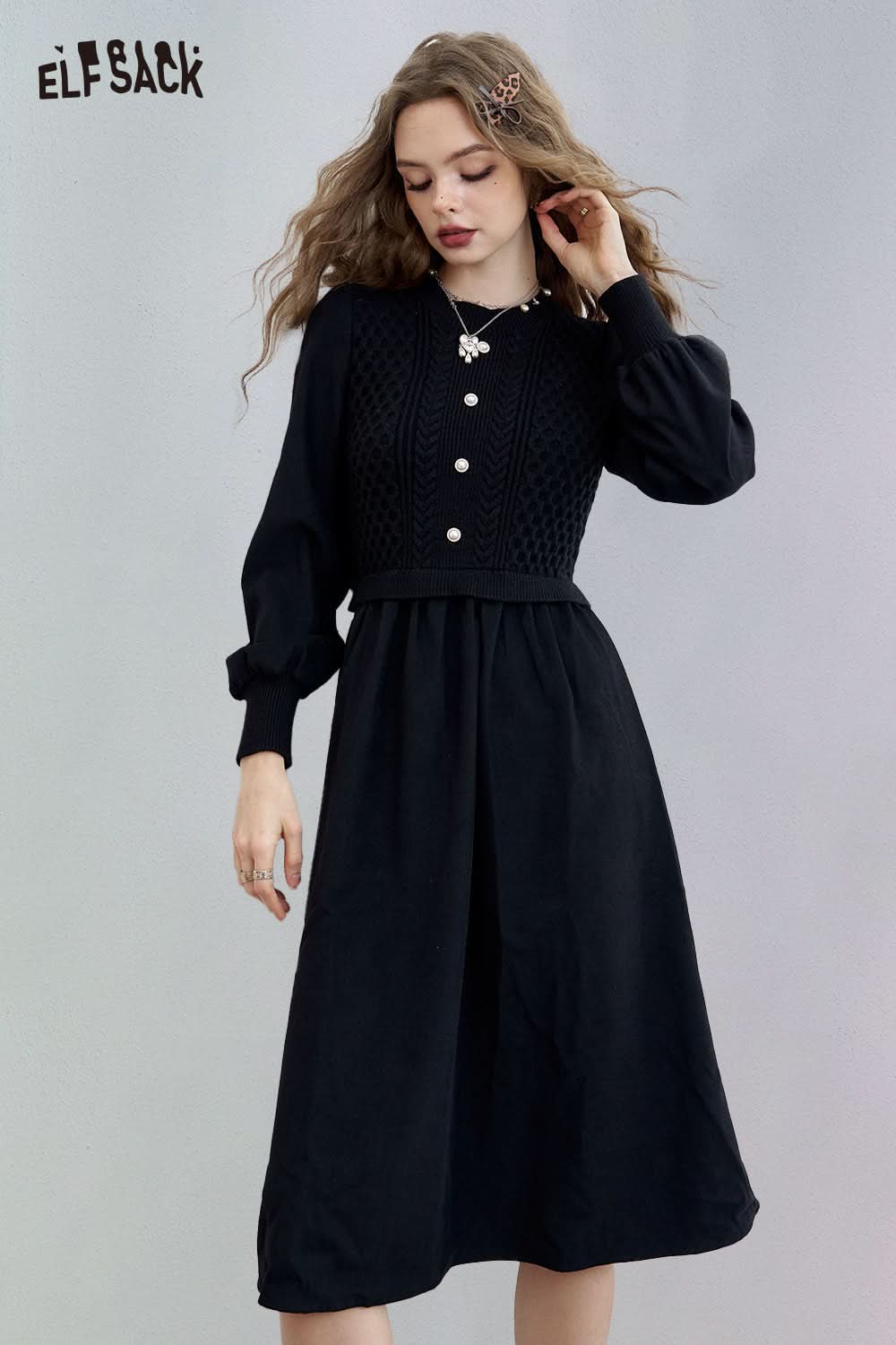 ELFSACK knitted lantern sleeve maxi dress in black with a fitted bodice and flowy skirt