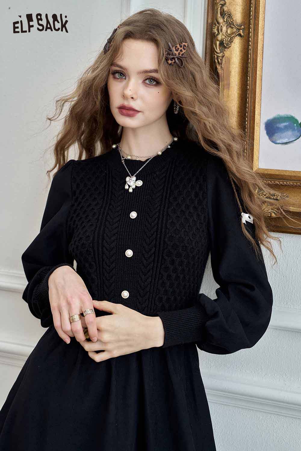 ELFSACK knitted lantern sleeve maxi dress featuring a stylish button detail and elegant design